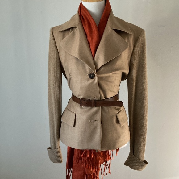 Anne Klein Elegant Tan Wool Cashmere Belted Blazer Knitted Sleeves Sz Med - Picture 9 of 9
